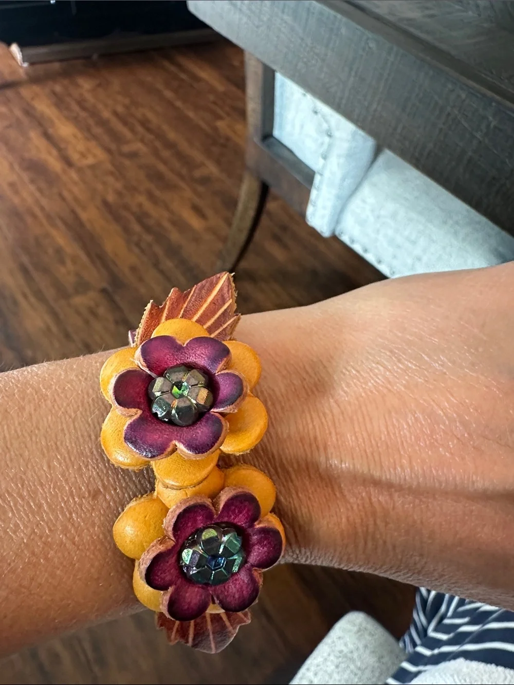 Handcrafted Yellow & Burgundy Floral Leather Bracelet